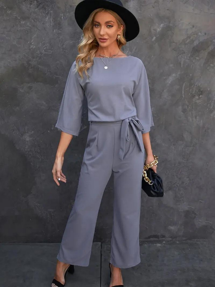 Kathleen | Women's Tie Waist Maxi Jumpsuit Dark Gray