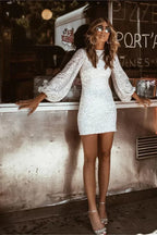 Women's Elegant Glitter Long Sleeve Dress White