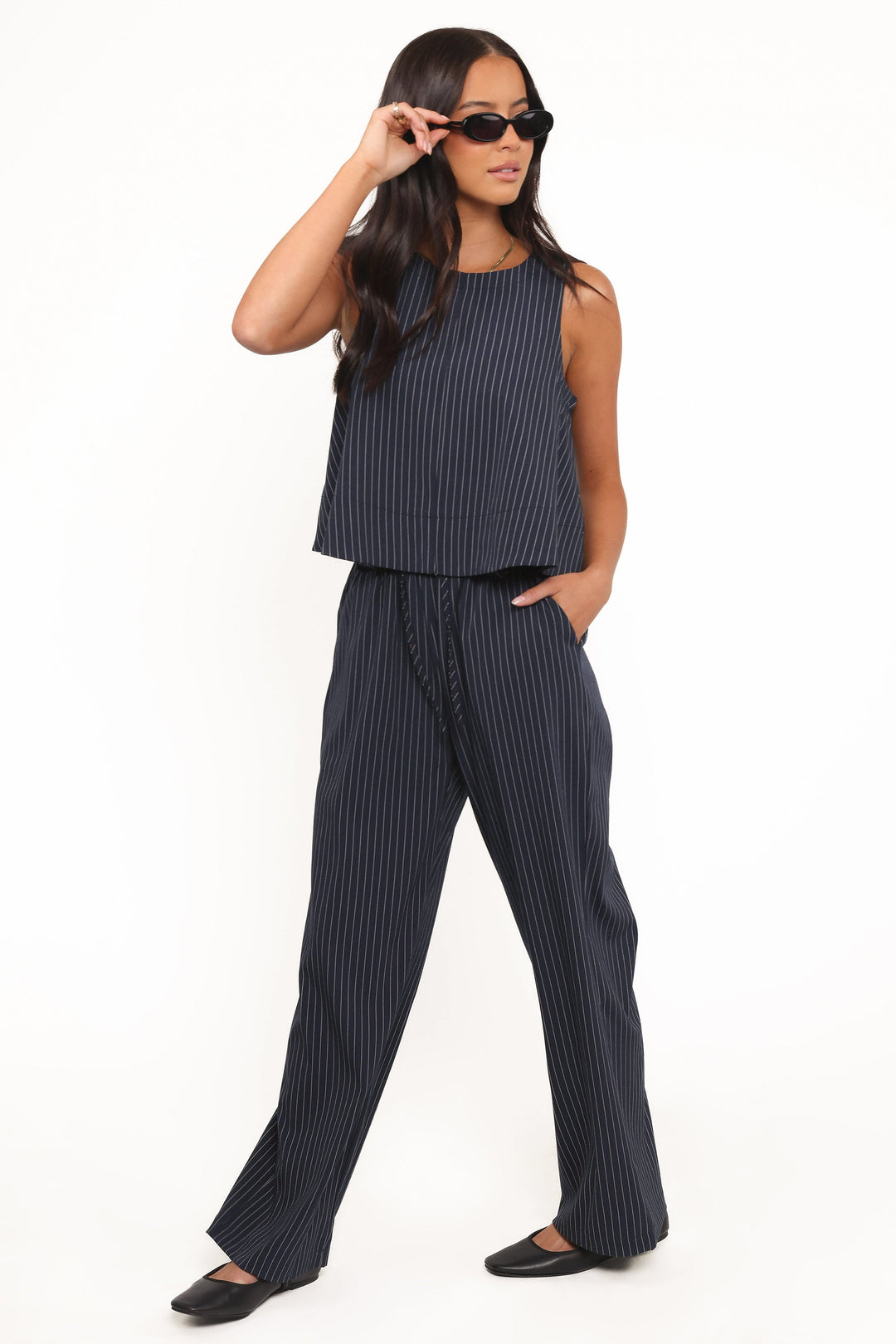 Women's High-Rise Wide Leg Navy and White Stripe Pants