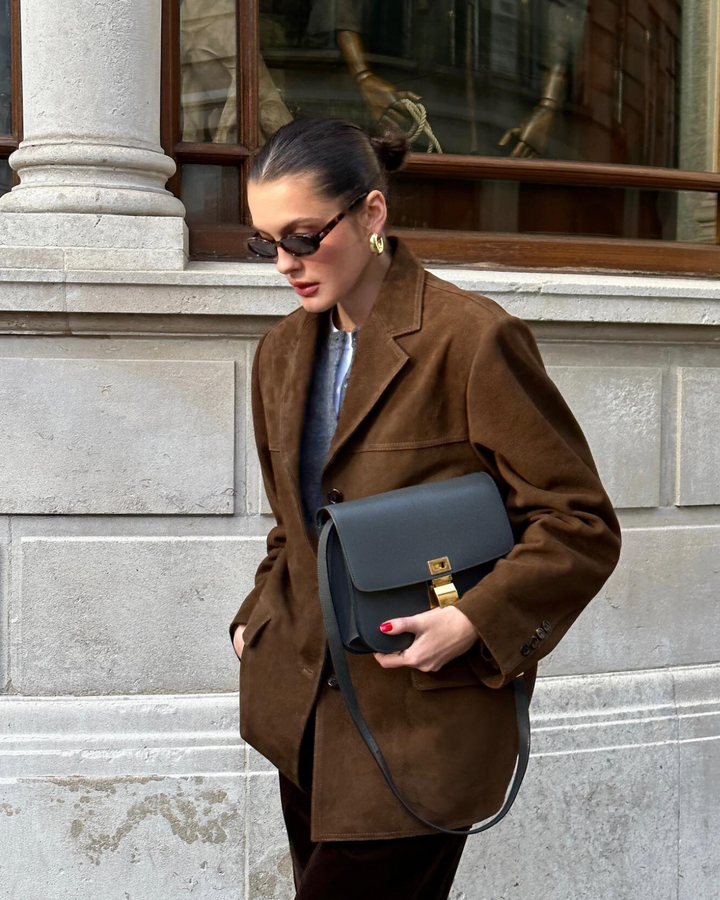 Rona | Women's Elegant Suede Blazer with Neat Button Closure Brown