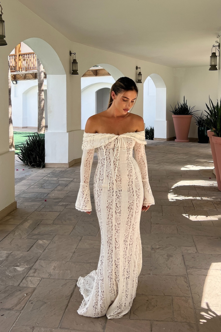 Luxe Off-Shoulder Maxi Dress in Lace for Women Beige