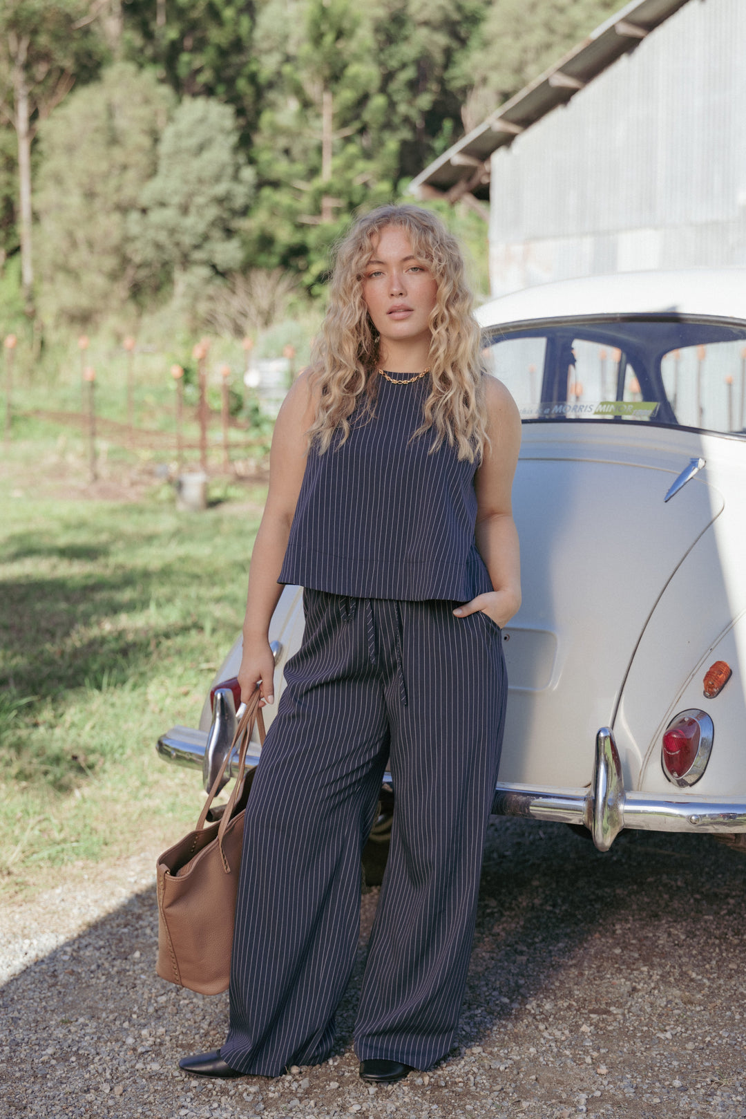 Women's High-Rise Wide Leg Navy and White Stripe Pants