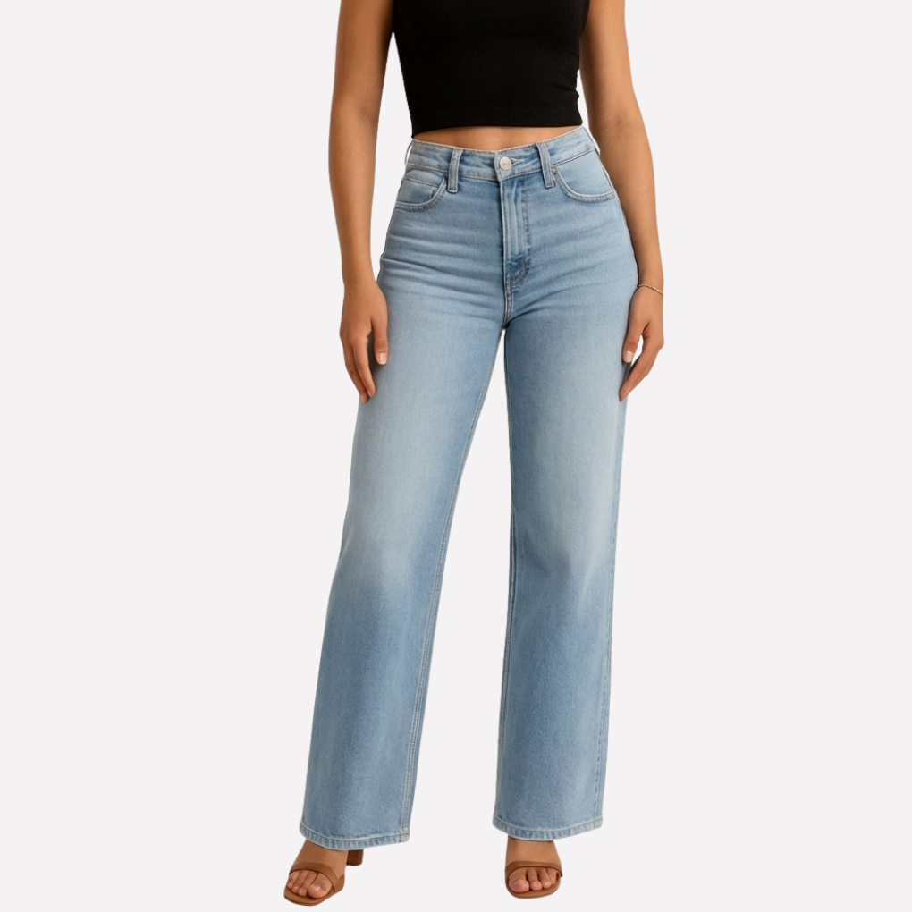 Women’s High-Waisted Straight Leg Jeans – Casual Cropped Fit Light Blue