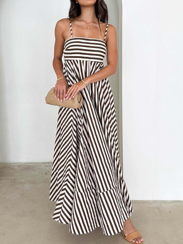 Esha | Women's Striped Pleated Maxi Dress – Summer Cami Style Light Brown