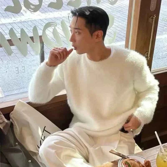 Men's Knit Crewneck Relaxed Fit Ribbed Collar Solid Black Sweater Cream