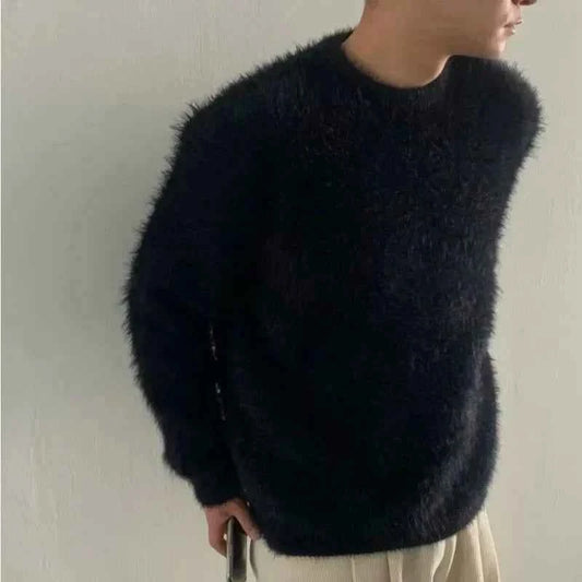 Men's Knit Crewneck Relaxed Fit Ribbed Collar Solid Black Sweater Black
