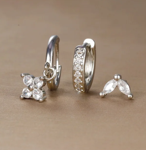 Evelyn | Women's Luxe 3-Piece Hypoallergenic Earring Set Silver White
