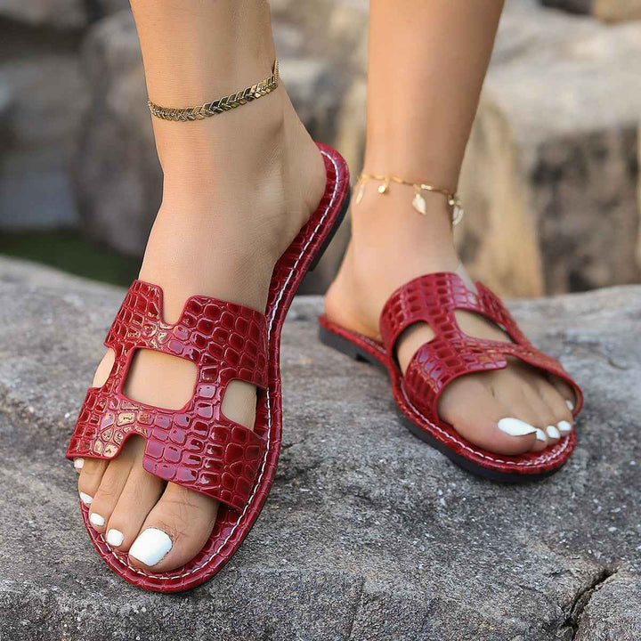 Fashion Pattern Sandals Summer Solid Color Flat Slides Slippers Casual Vacation Beach Shoes Black Red