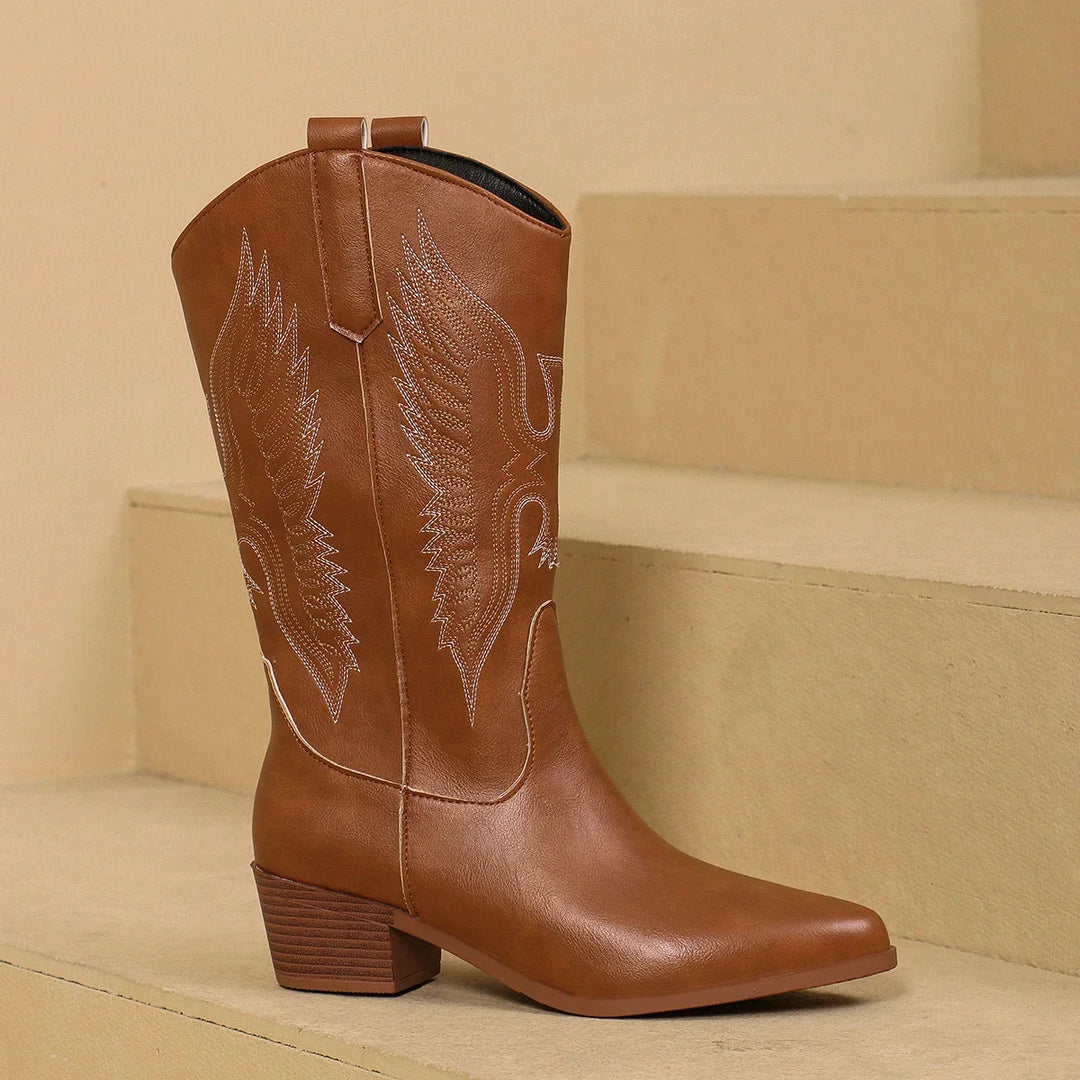 Women's Pointy Toe Embroidered Mid-Calf Western Boots Brown