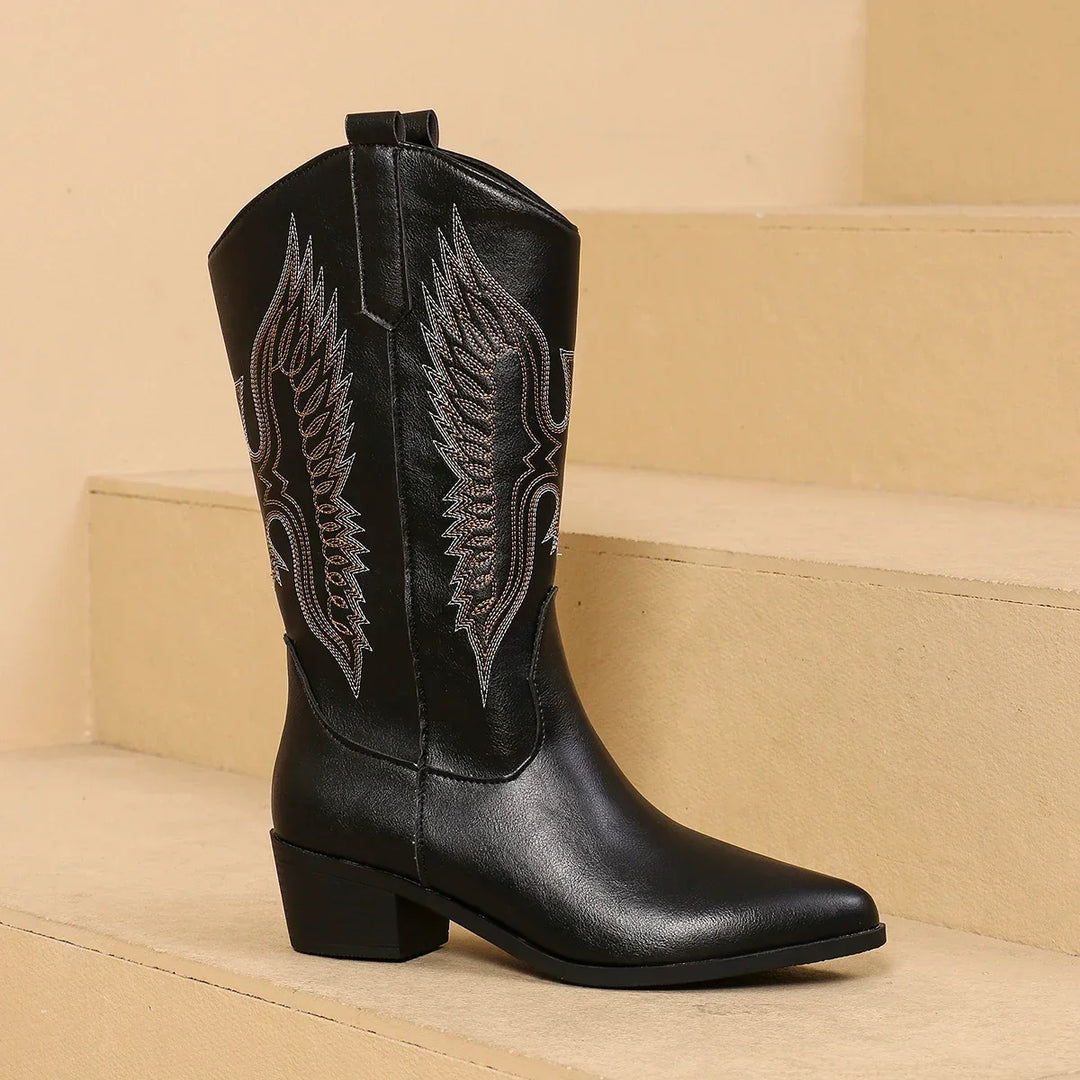 Women's Pointy Toe Embroidered Mid-Calf Western Boots Black