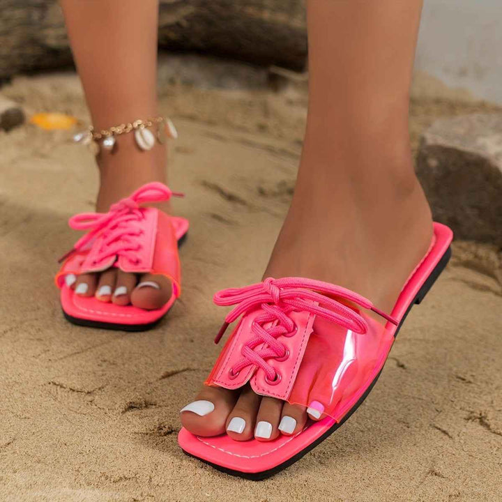 Fashion Transparent Lace-up Sandals Summer Dopamine-style Square Toe Flat Slides Shoes Women Casual Vacation Beach Slippers Pink
