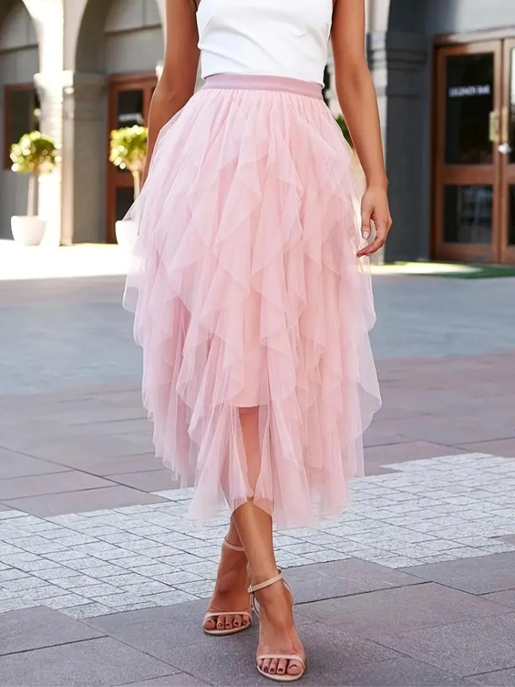 Women's High-Waisted Midi Skirt – Layered Mesh with Ruffles – Elegant Style Pink