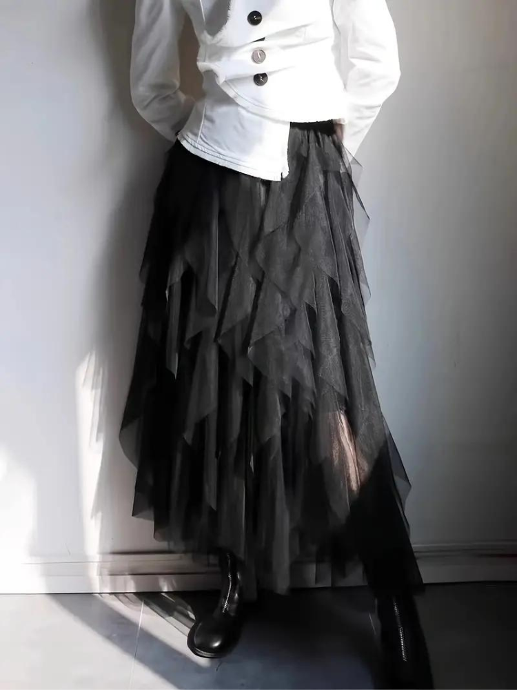 Women's High-Waisted Midi Skirt – Layered Mesh with Ruffles – Elegant Style Black