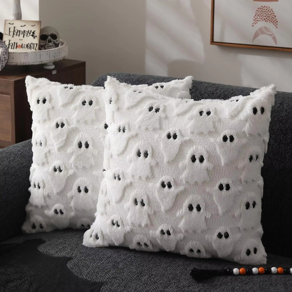Halloween's Pumpkin Pattern Cushion Cover - Microfiber Blend Fabric White Phantom