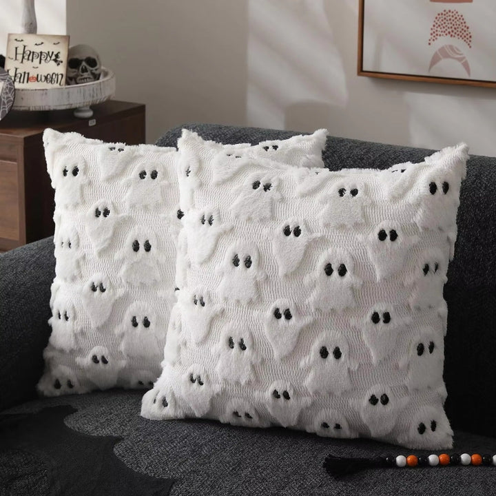 Halloween's Pumpkin Pattern Cushion Cover - Microfiber Blend Fabric White Phantom