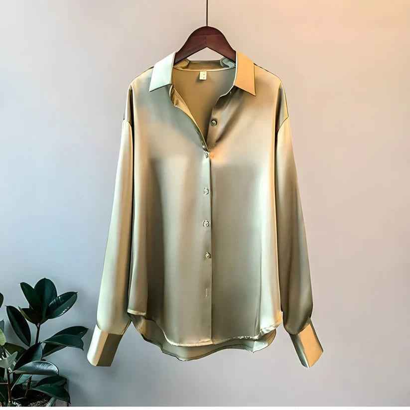 Women's Long Sleeve Silk Blouse - Satin Button-Up Shirt Green