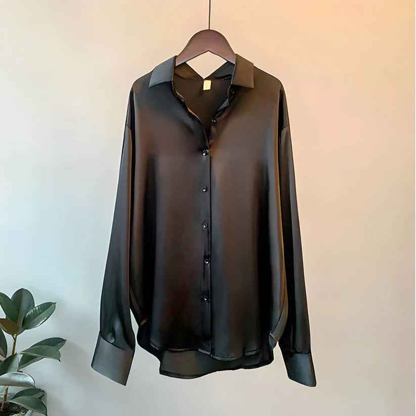 Women's Long Sleeve Silk Blouse - Satin Button-Up Shirt Black