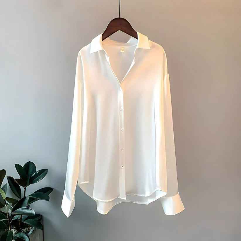 Women's Long Sleeve Silk Blouse - Satin Button-Up Shirt White