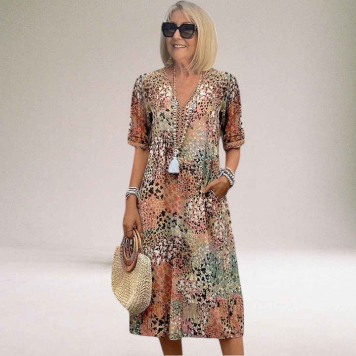 Filomena | Elegant Floral Spring Dress for Women Beige
