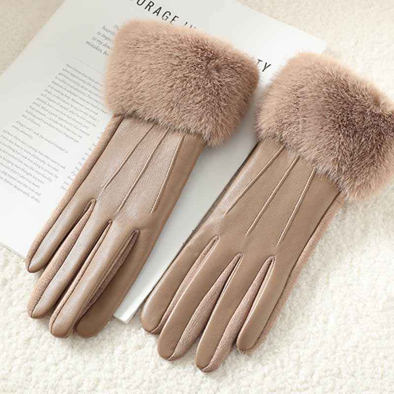 Fitted Gloves with Fur Trim - Wrist-Length Style Khaki