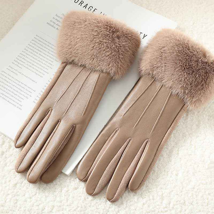 Fitted Gloves with Fur Trim - Wrist-Length Style Khaki