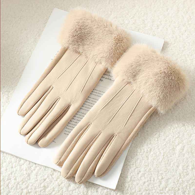 Fitted Gloves with Fur Trim - Wrist-Length Style Beige