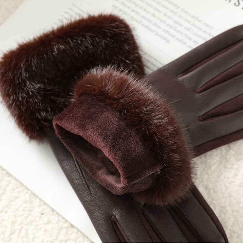 Fitted Gloves with Fur Trim - Wrist-Length Style Brown