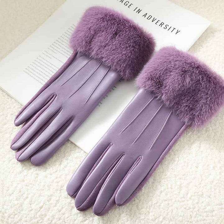 Fitted Gloves with Fur Trim - Wrist-Length Style Purple