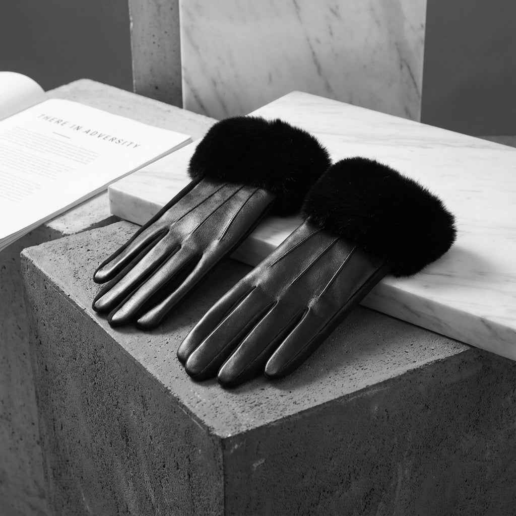 Fitted Gloves with Fur Trim - Wrist-Length Style Black