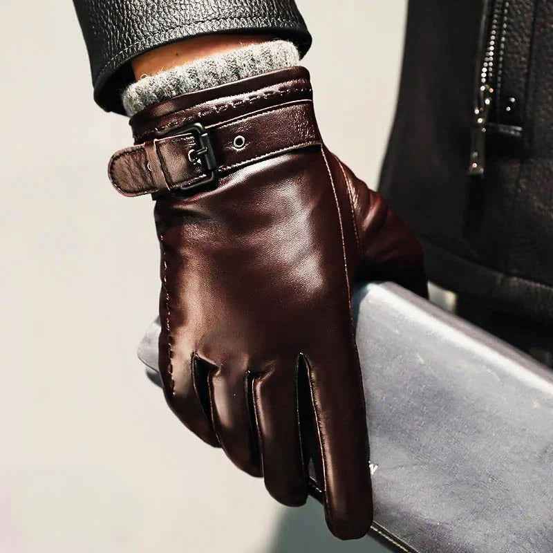 Fitted Wrist-Length Gloves with Buckle Strap Brown One size