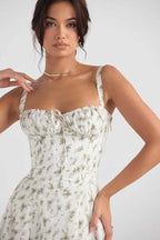 Women's Elegant A-line Midi Dress with Fitted Corset Top and Split Print Green White