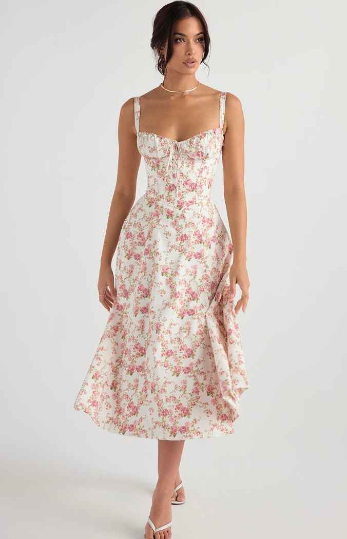 Women's Elegant A-line Midi Dress with Fitted Corset Top and Split Print White Pink