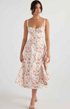 Women's Elegant A-line Midi Dress with Fitted Corset Top and Split Print White Pink