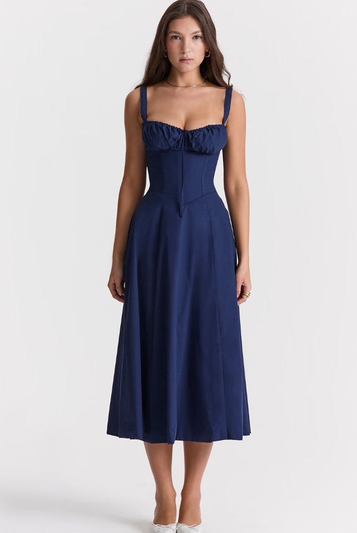 Women's Elegant A-line Midi Dress with Fitted Corset Top and Split