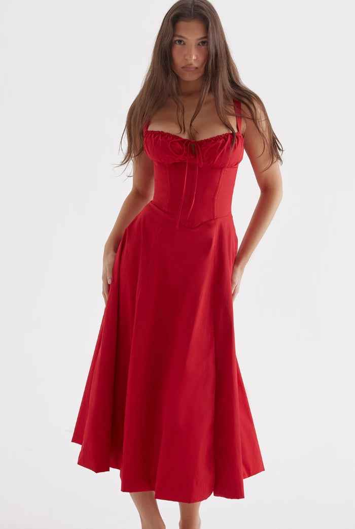 Women's Elegant A-line Midi Dress with Fitted Corset Top and Split