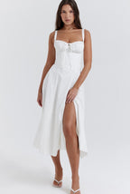 Women's Elegant A-line Midi Dress with Fitted Corset Top and Split White