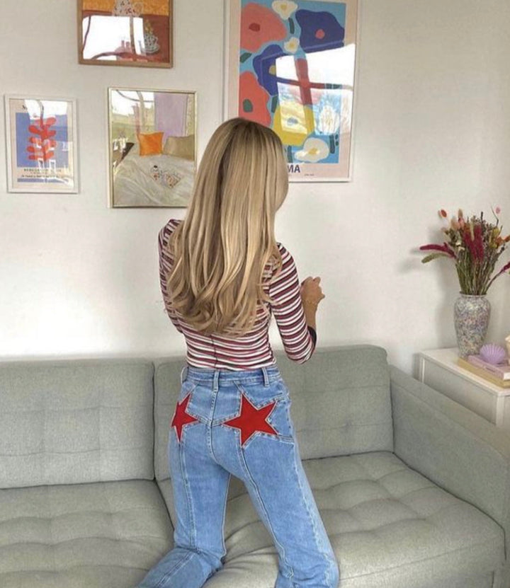 Flared High Waist Jeans with Red Stars for Women