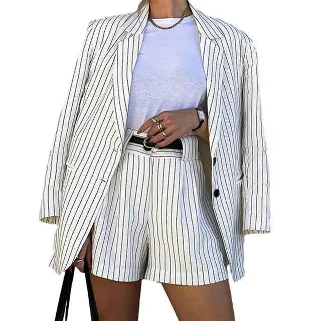 Women's Striped Oversized Blazer and High Waist Shorts Set - Elegant Style