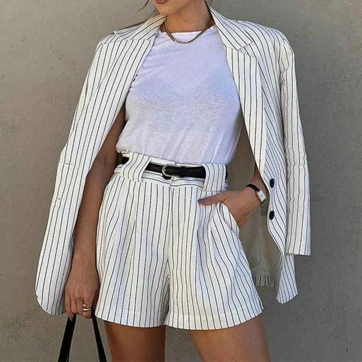 Women's Striped Oversized Blazer and High Waist Shorts Set - Elegant Style