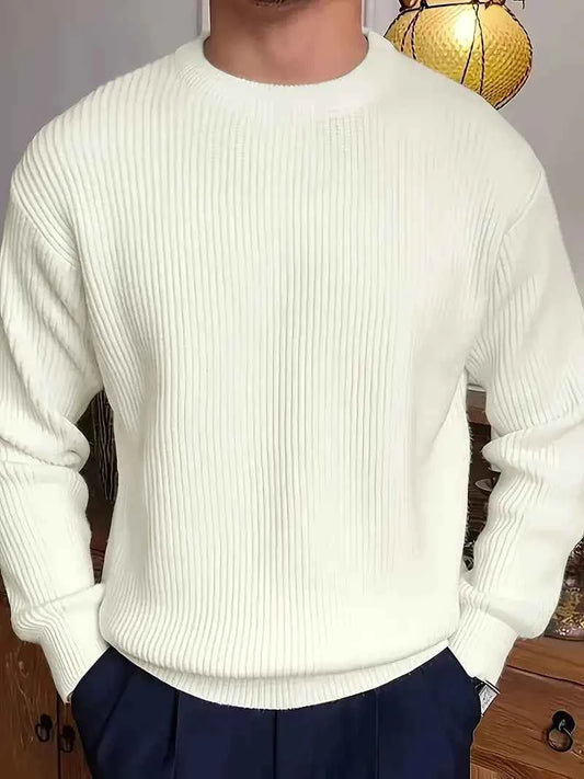 Men's Black Ribbed Knit Long Sleeve True Fit Crewneck Sweater White