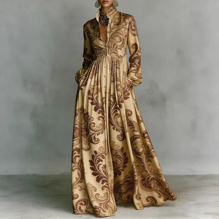 Freya | Women's Geometric Print High-Waist Maxi Dress Khaki