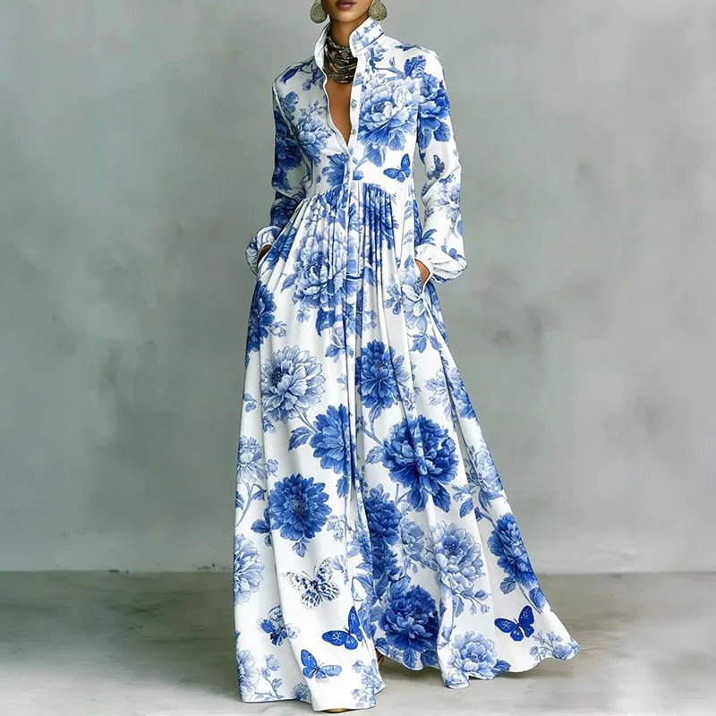 Freya | Women's Geometric Print High-Waist Maxi Dress Blue