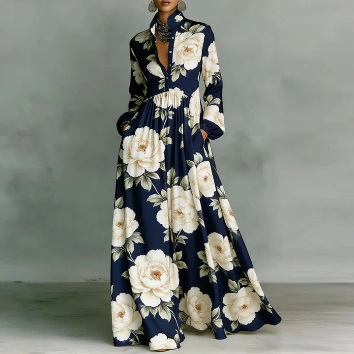 Freya | Women's Geometric Print High-Waist Maxi Dress Navy Blue