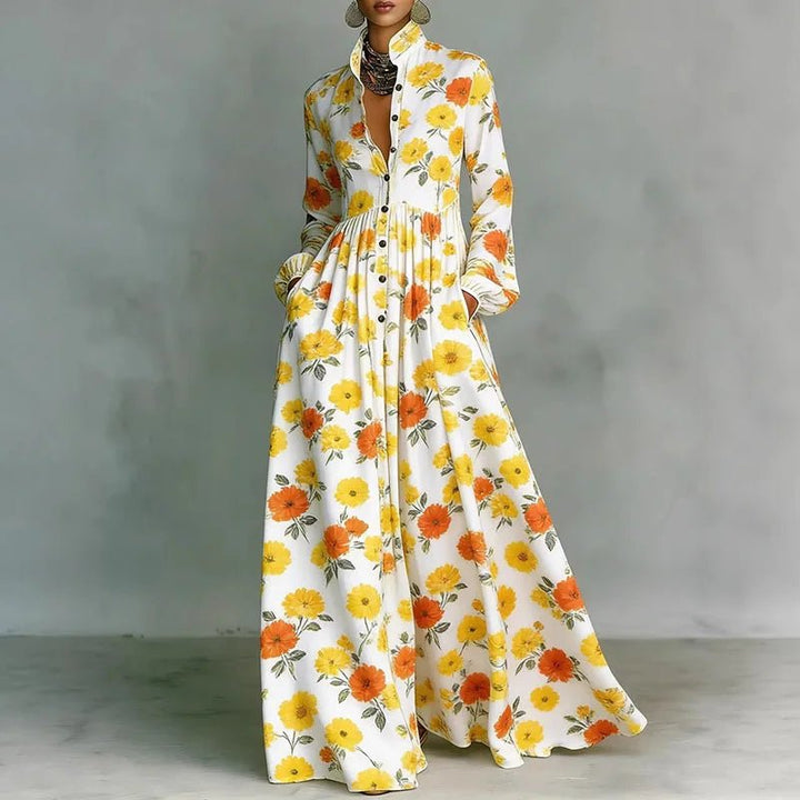Freya | Women's Geometric Print High-Waist Maxi Dress Yellow