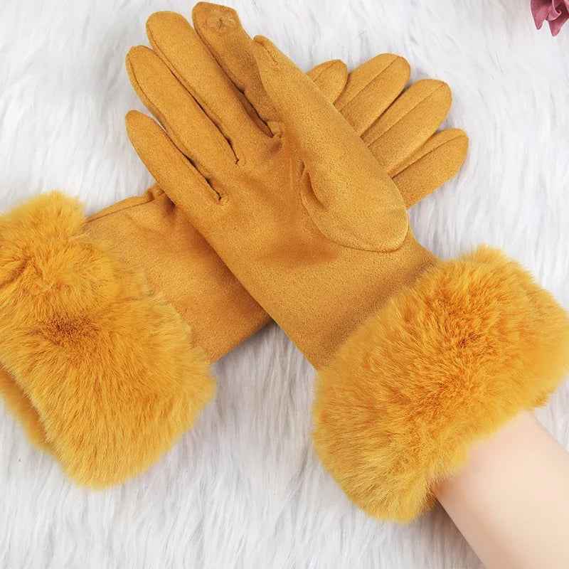 Fur Trim Wrist-Length Gloves | Solid Pattern Design Yellow One size