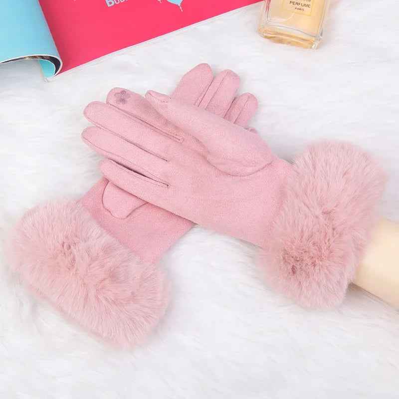 Fur Trim Wrist-Length Gloves | Solid Pattern Design Pink One size