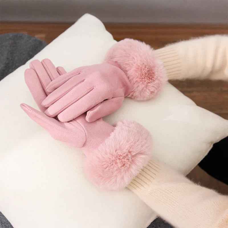 Fur Trim Wrist-Length Gloves | Solid Pattern Design
