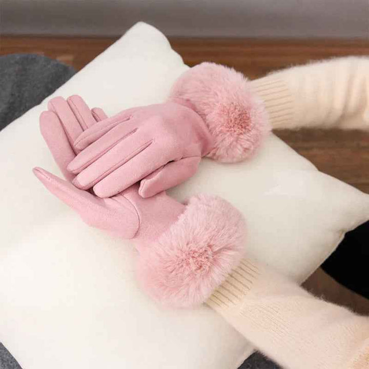 Fur Trim Wrist-Length Gloves | Solid Pattern Design