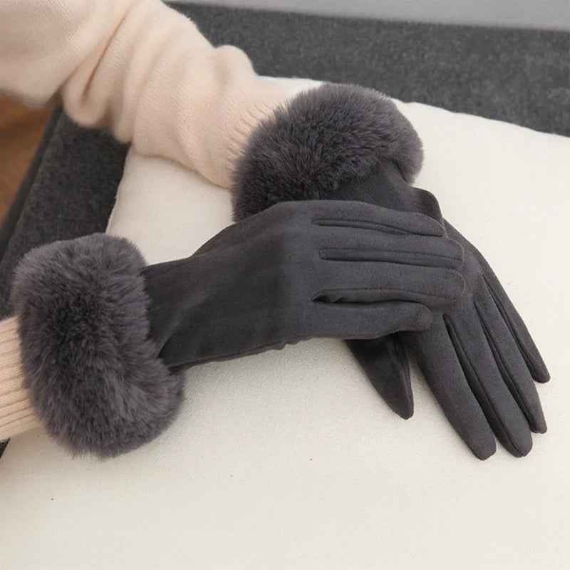 Fur Trim Wrist-Length Gloves | Solid Pattern Design Gray One size