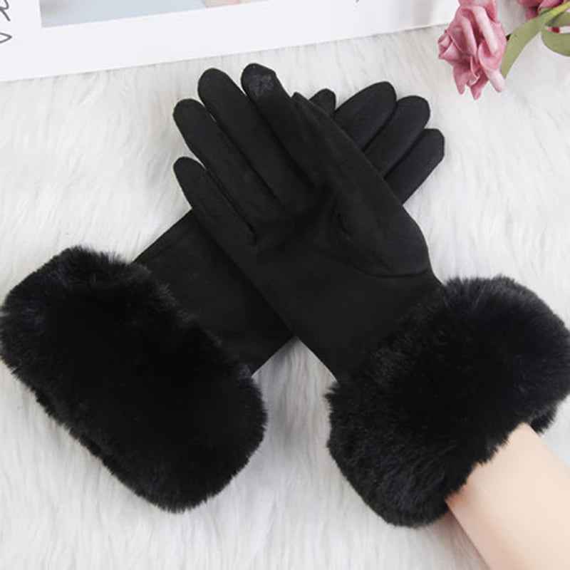 Fur Trim Wrist-Length Gloves | Solid Pattern Design Black One size